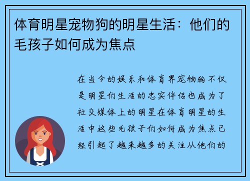 体育明星宠物狗的明星生活：他们的毛孩子如何成为焦点